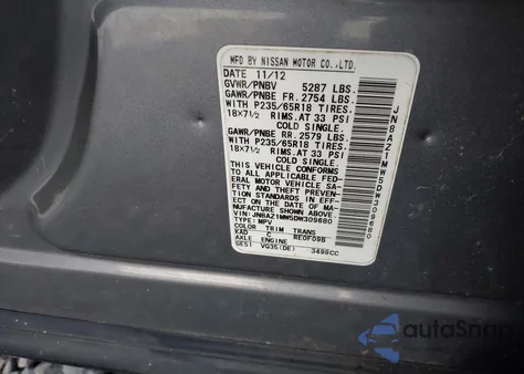 2013 Nissan Murano Sv из США, поврежденный, VIN JN8AZ1MW5DW309680